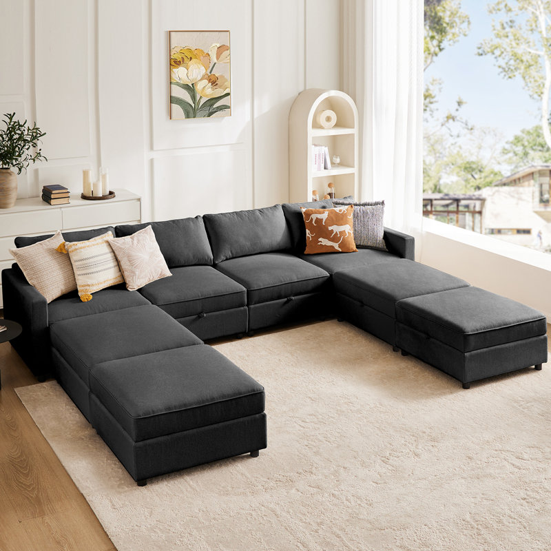 Tienna 8 Piece Upholstered Modular Custom Sectional with Under Seat Storage Latitude Run Body Fabric Gray Polyester Blend